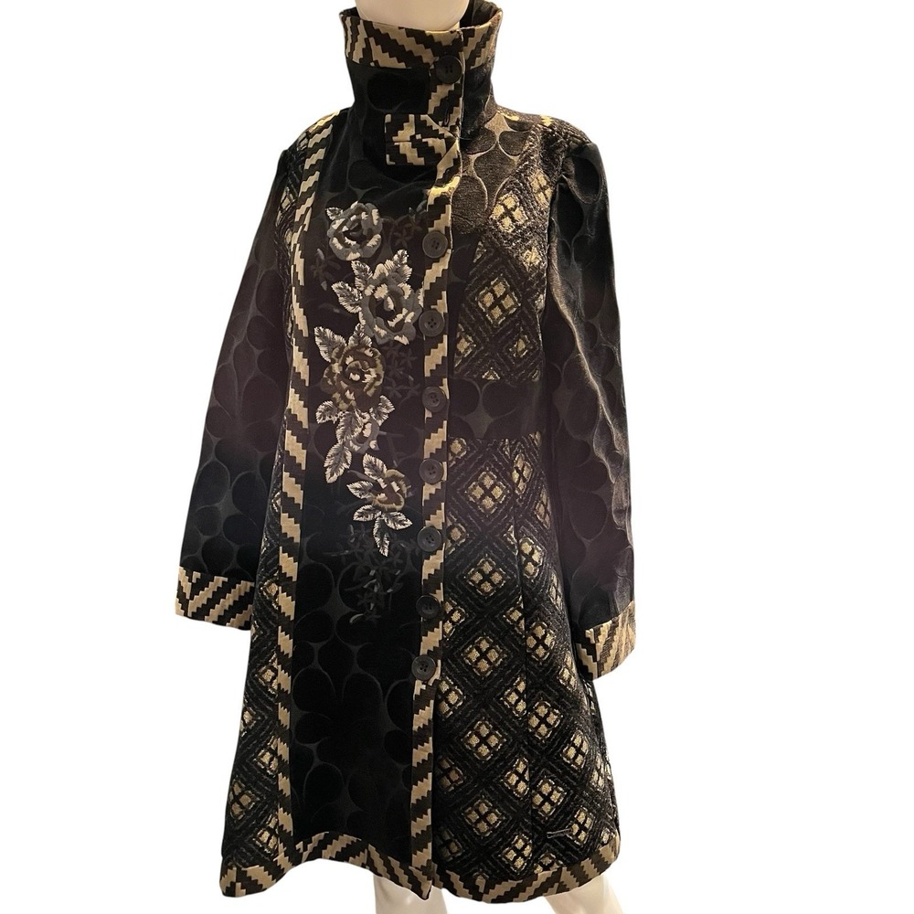 Desigual Jacket Black Patchwork Embroidered Floral  42 US 10 Long Coat Boho Chic